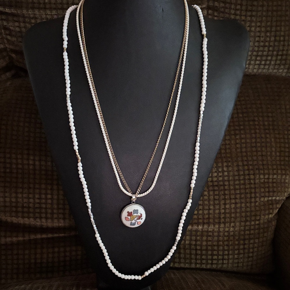 Boho White Beaded Necklace with Gold Accents and Fabric Pendant
